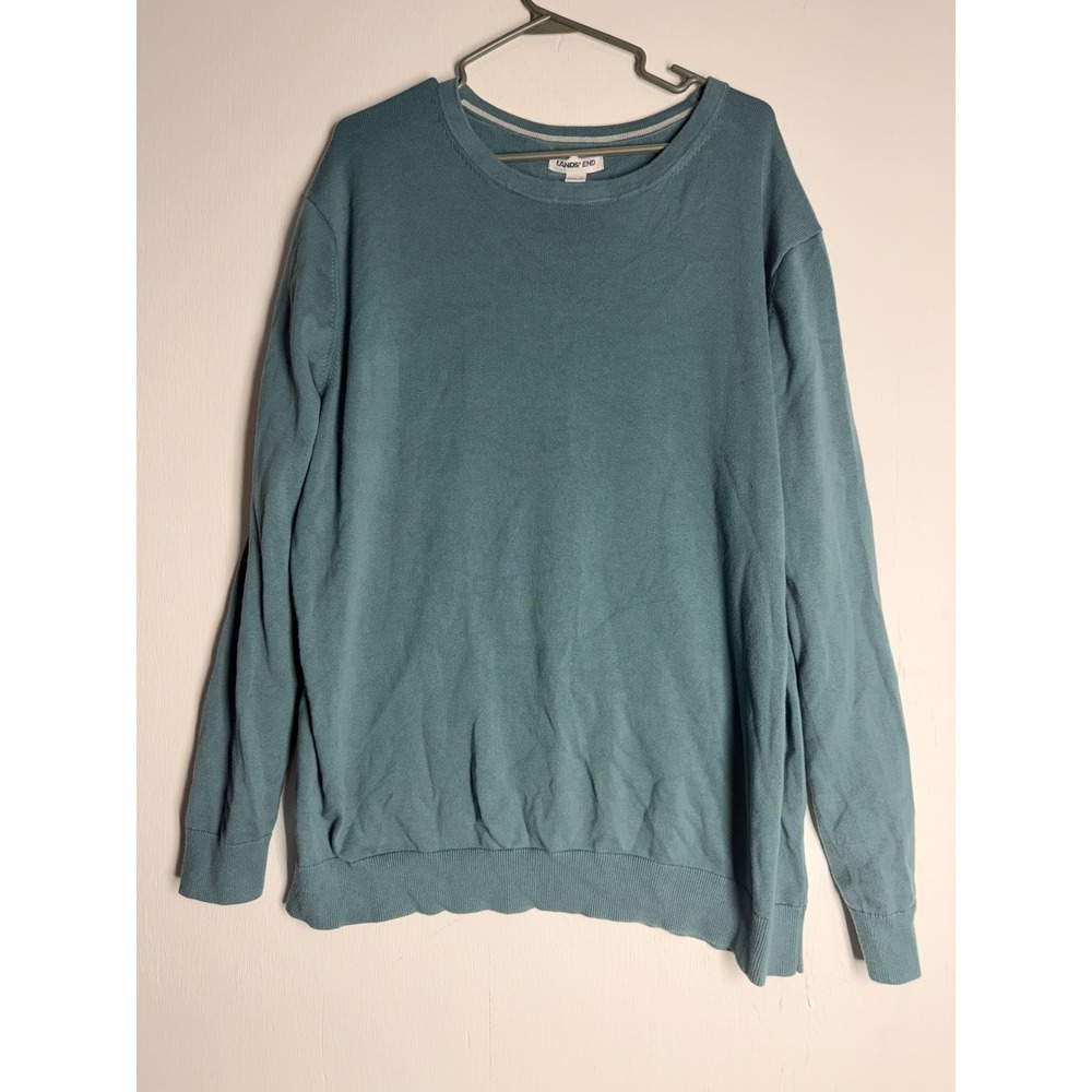 Lands End Mens XXL Tall Drifter Sweater Teal Blue Cotton Knit Crew Neck Pullover